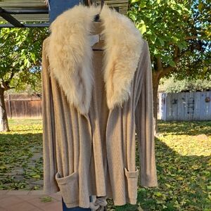 Swanky Vintage Cashmere Tan Sweater with Fur Collar Made In Scotland
